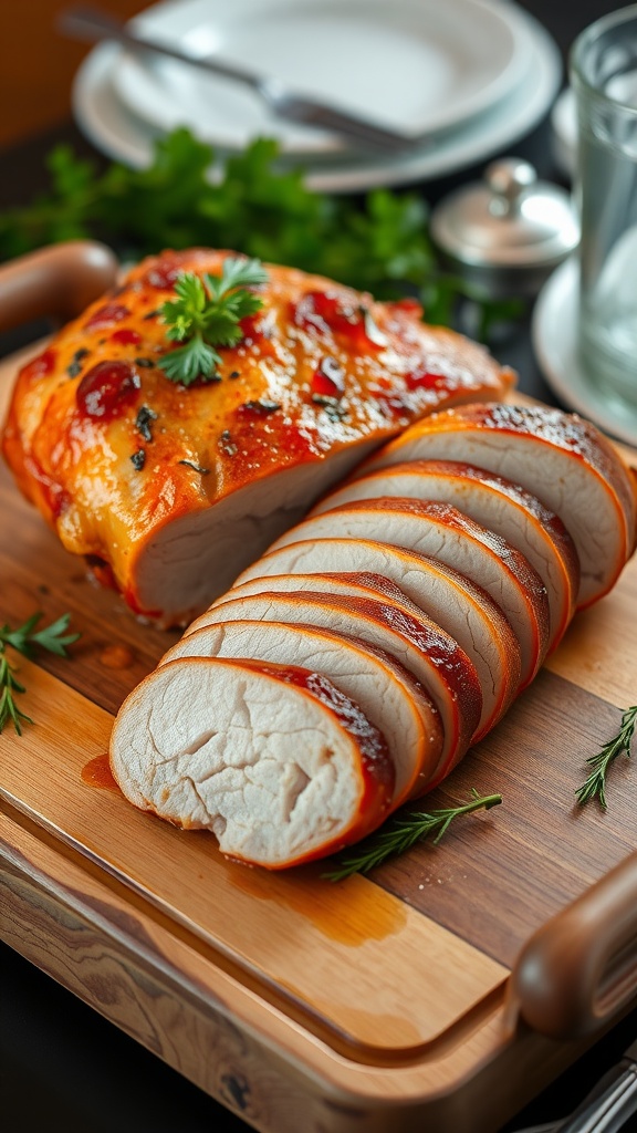 Oven-roasted pork loin sliced on a cutting board, garnished with herbs.